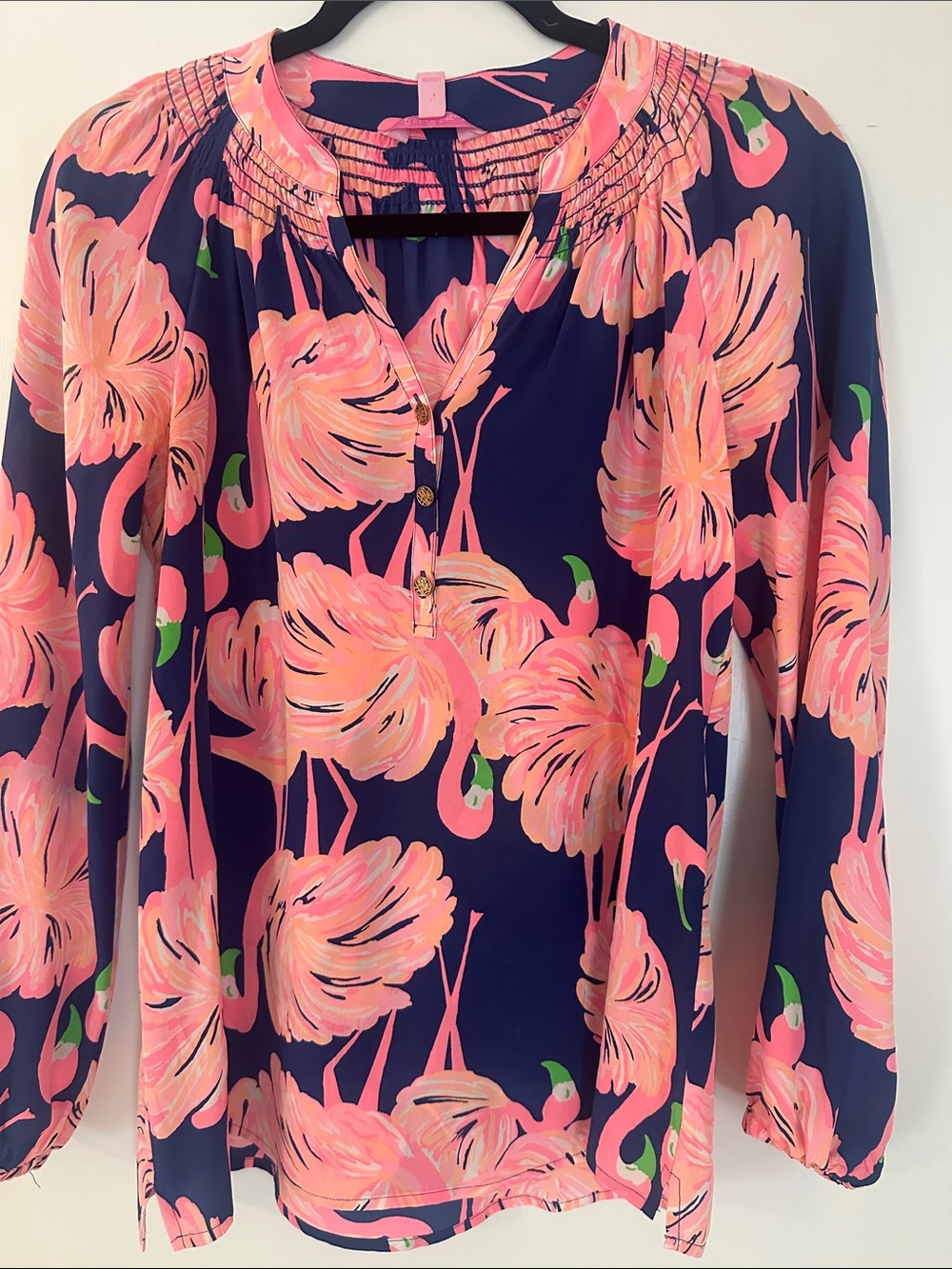 Lilly Pulitzer Navy Floral Flamingo 🦩 Print Long-Sleeve Tunic Blouse XS